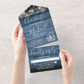 ストリングライト メイソンジャー 青 ラスティック ウッド ウェディング オールインワン招待状 (貼ってはがせる)