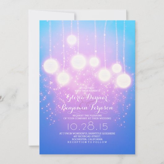 ストリングライト&ランタンライトブルーウェディング招待 招待状 (正面)