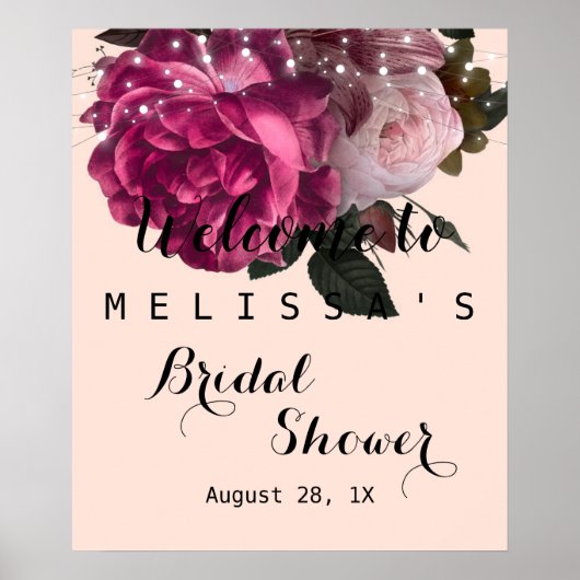 ストリングライト ワインレッドの花 ブライダルシャワー ポスター (正面)