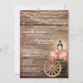 ストリングライト、木製の樽とサンゴの花 招待状 (正面)