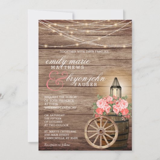 ストリングライト、木製の樽とサンゴの花 招待状 (正面)