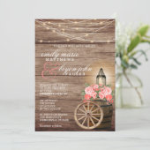 ストリングライト、木製の樽とサンゴの花 招待状 (スタンド正面)