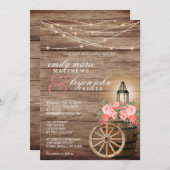 ストリングライト、木製の樽とサンゴの花 招待状 (正面/裏面)