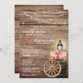 ストリングライト、木製の樽とサンゴの花 招待状