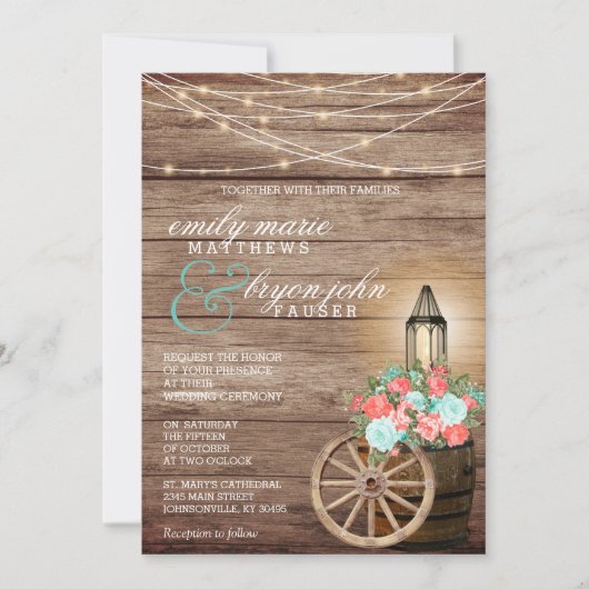 ストリングライト、木製の樽とティール(緑がかった色)、サンゴの花 招待状 (正面)