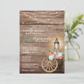 ストリングライト、木製の樽とティール(緑がかった色)、サンゴの花 招待状 (スタンド正面)