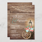 ストリングライト、木製の樽とティール(緑がかった色)、サンゴの花 招待状 (正面/裏面)