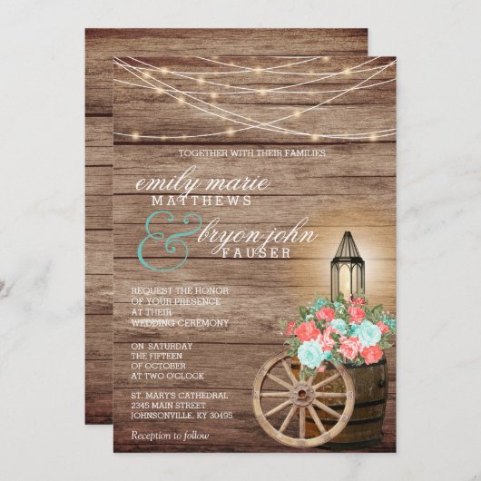 ストリングライト、木製の樽とティール(緑がかった色)、サンゴの花 招待状 (正面/裏面)