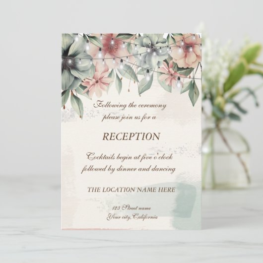 ストリングライト、筆跡、フラワーウェディングレセプション 招待状 (スタンド正面)