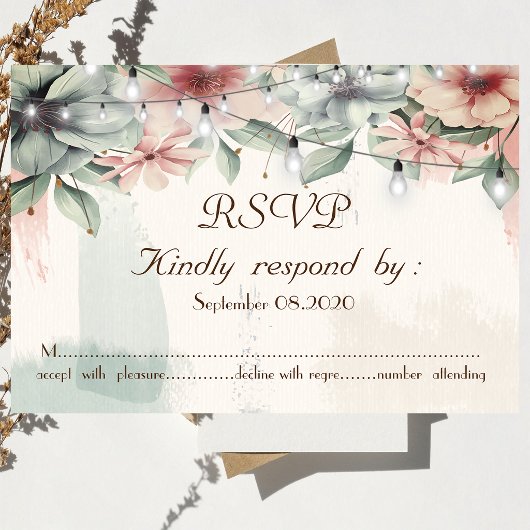 ストリングライト、筆跡、フラワーズ RSVP 招待状