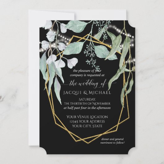 ストリングライトEucalyptus幾何木材水彩 招待状 (正面)