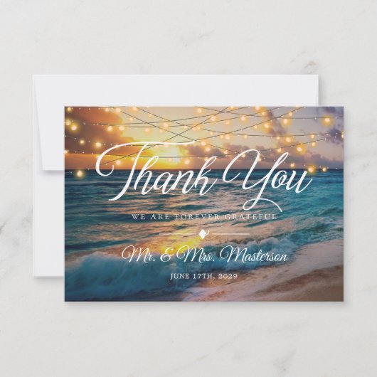 ストリングラエレガントイツサマーサンセットビーチ結婚式 サンキューカード (正面)