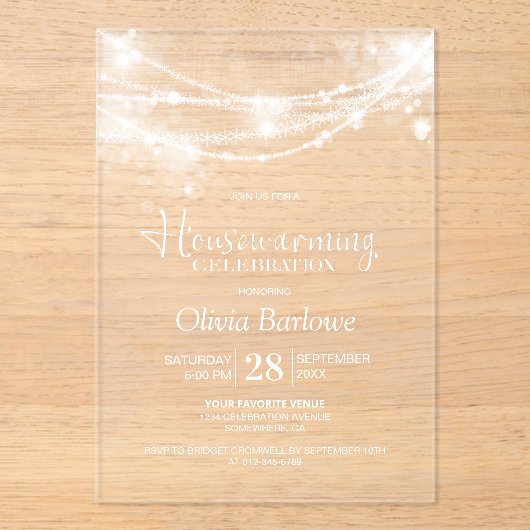 ストリングラエレガントイト引っ越し祝いパーティーパーティー アクリル招待状 (正面)