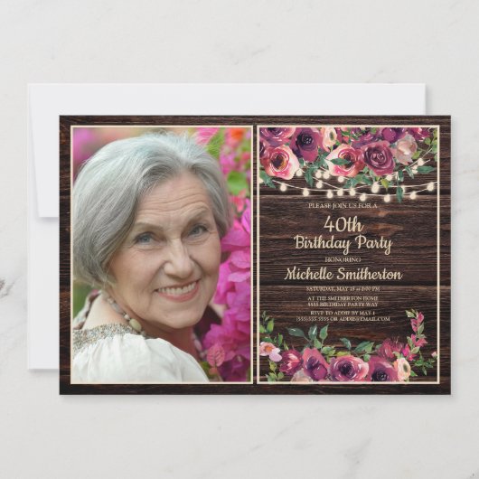 ストリングラ素朴イトピンクフローラ誕生日写真 招待状 (正面)