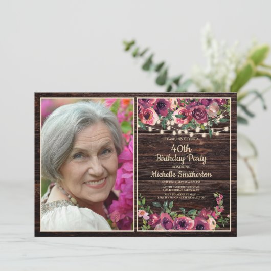 ストリングラ素朴イトピンクフローラ誕生日写真 招待状 (スタンド正面)