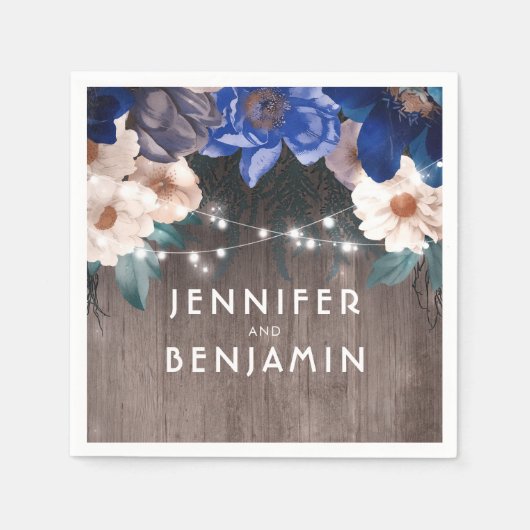 ストリングラ素朴イトフローラネイビーとブルー王室のライト スタンダードカクテルナプキン (正面)