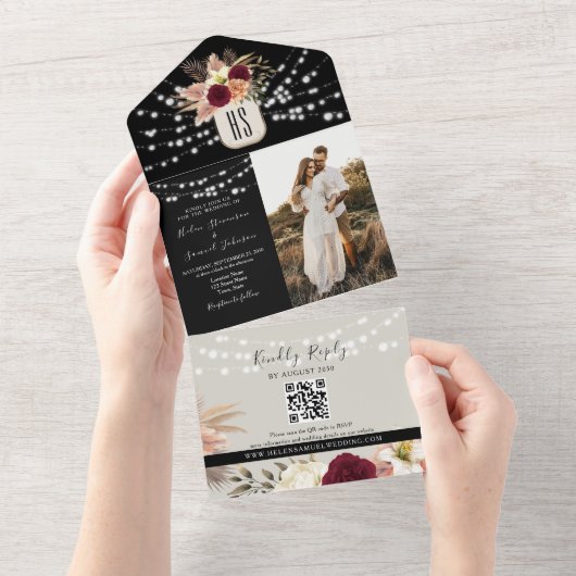 ストリングラ素朴イトフローラブルゴーニュ黒結婚の オールインワン招待状 (貼ってはがせる)