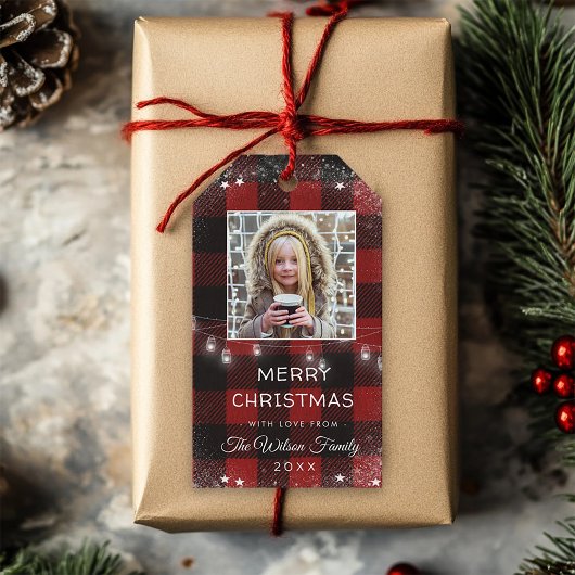 ストリングラ素朴イト雪フレーク赤い格子模様の写真 ギフトタグ