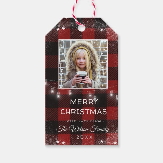 ストリングラ素朴イト雪フレーク赤い格子模様の写真 ギフトタグ (正面)