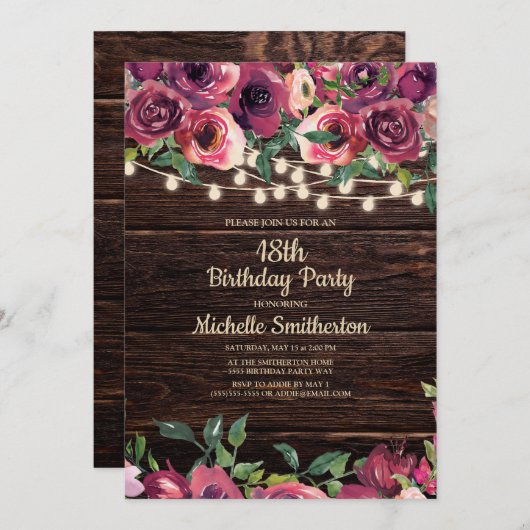 ストリングラ素朴イントパープルフローラ18誕生日 招待状 (正面/裏面)