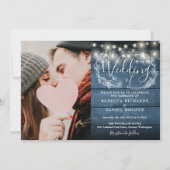 ストリング ライト ラスティック ブルー フォト オール イン ワン ウェディング 招待状 (正面)