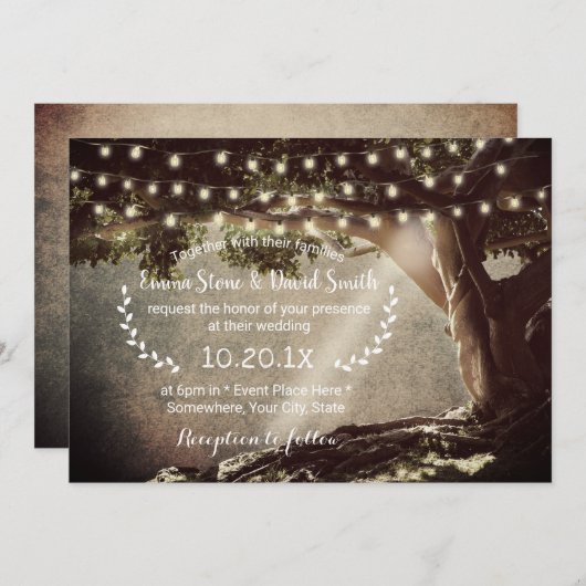 ストリン素朴グライトヴィンテージツリー結婚の 招待状 (正面/裏面)