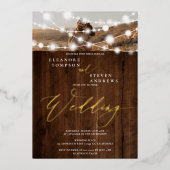 ストリン素朴グライト茶色の木2枚結婚写真 箔招待状 (正面)