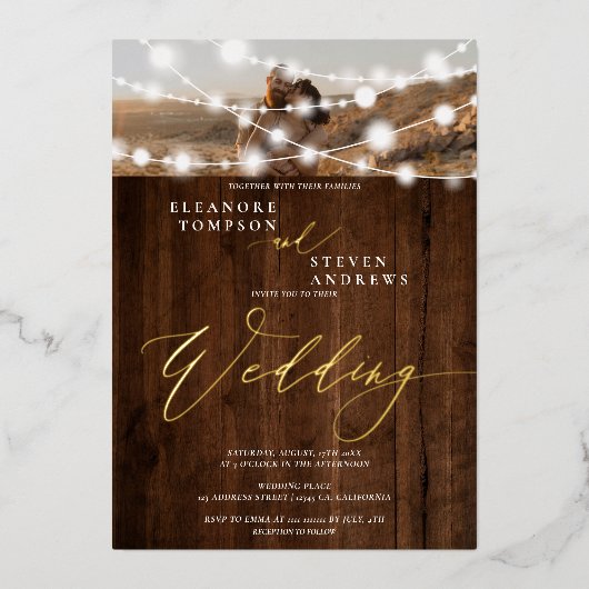 ストリン素朴グライト茶色の木2枚結婚写真 箔招待状 (正面)