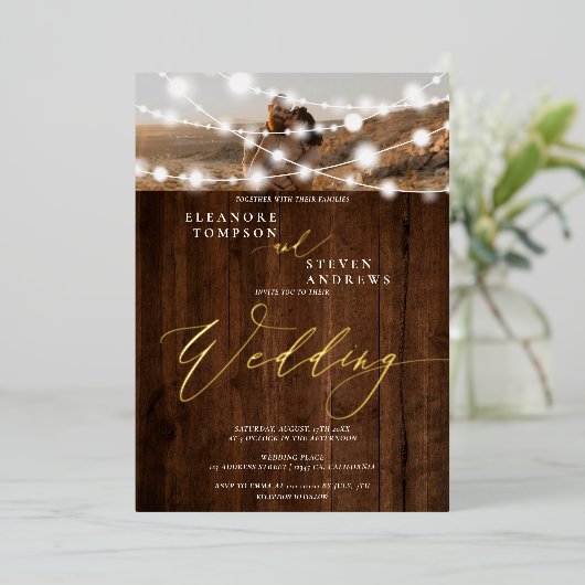 ストリン素朴グライト茶色の木2枚結婚写真 箔招待状 (立ち正面)