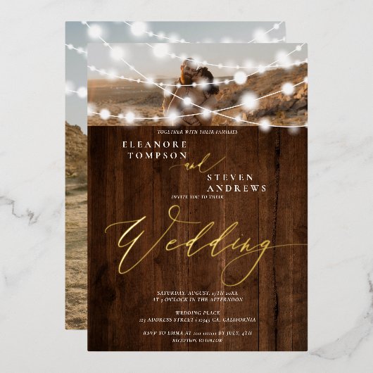 ストリン素朴グライト茶色の木2枚結婚写真 箔招待状 (正面/裏面)