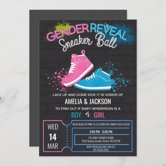 ストリートウェア性別がスニーカーのボール男の子を明らかにする 招待状 (正面/裏面)