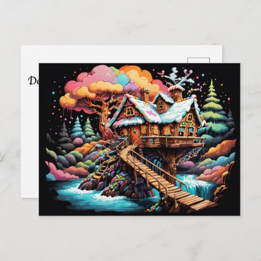 ストリームのクリスマスの上のギンガーブレッドのツリーハウス シーズンポストカード (正面/裏面)