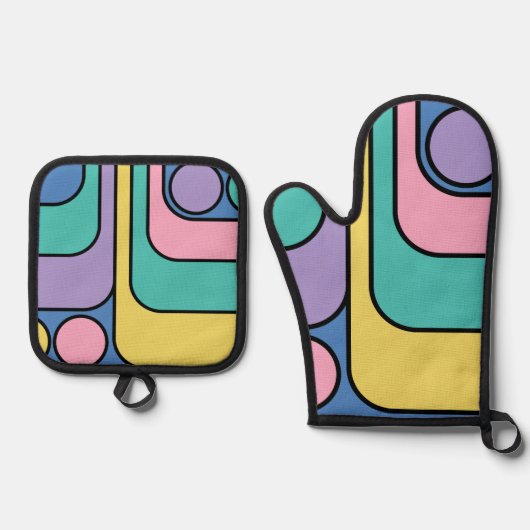 ストリームラインモデネレトロスタイル幾何学的デザイン 鍋つかみ&鍋敷きセット (正面)