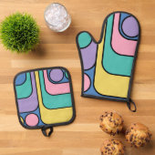 ストリームラインモデネレトロスタイル幾何学的デザイン 鍋つかみ&鍋敷きセット (トップダウン)