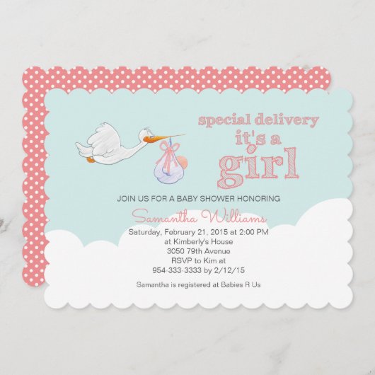 ストルエレガントク運のベビー雲ガールベイビーシャワー 招待状 (正面/裏面)