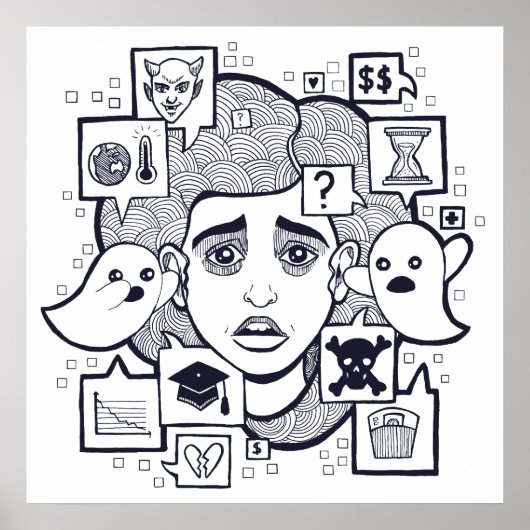 "ストレスヘッド"不安なストレス女性スケッチポスター ポスター (正面)