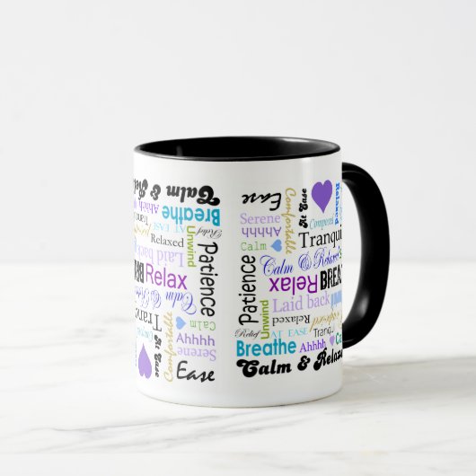 ストレスレリーフ、浮き彫りの穏やかで及びリラックスさせるなタイポグラフィのマグ マグカップ (正面右)