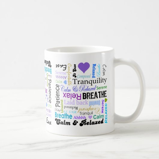 ストレスレリーフ、浮き彫りの穏やかで及びリラックスさせるなタイポグラフィのマグ マグカップ (右)