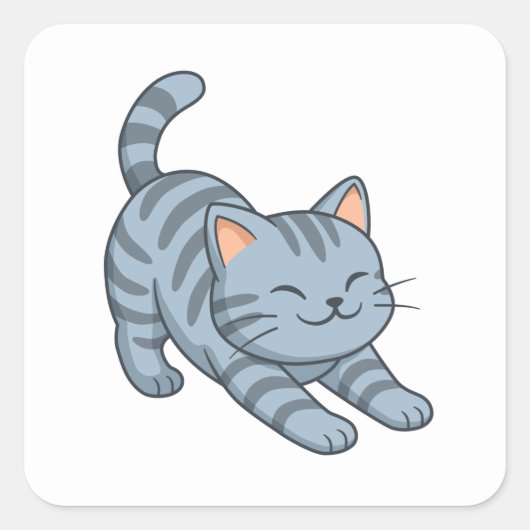 ストレッチするグレー+タビー猫 スクエアシール (正面)