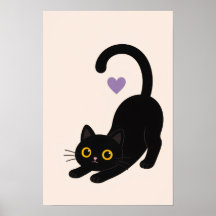 ストレッチする黒猫のアートプリント – ミニマリストな猫の姿