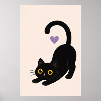 ストレッチする黒猫のアートプリント – ミニマリストな猫の姿 ポスター