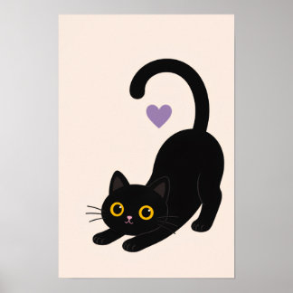 ストレッチする黒猫のアートプリント – ミニマリスト猫の壁掛け ポスター