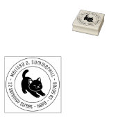 ストレッチする黒猫の丸型住所表記 ラバースタンプ (押印)