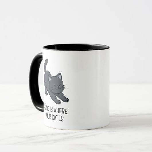 ストレッチする黒猫 カスタムテキスト マグカップ (正面左)