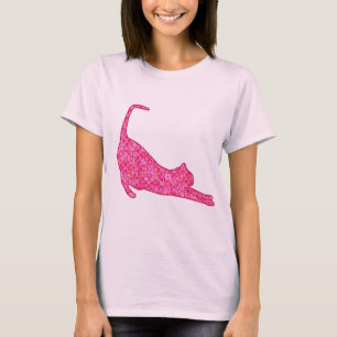 ストレッチキャットシルエット明るい赤紫色ピンクろうけつ染め Tシャツ