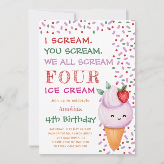 ストロベリーアイスクリームコーン4thフォトバースデーパーティー 招待状 (正面)