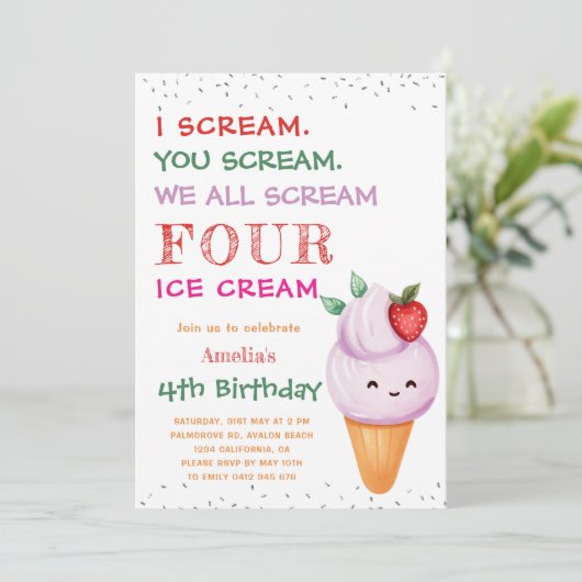 ストロベリーアイスクリームコーン4th誕生日パーティー 招待状 (スタンド正面)