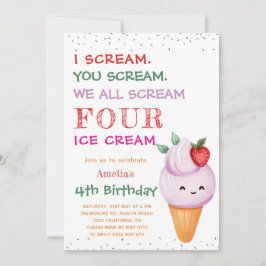 ストロベリーアイスクリームコーン4th誕生日パーティー 招待状