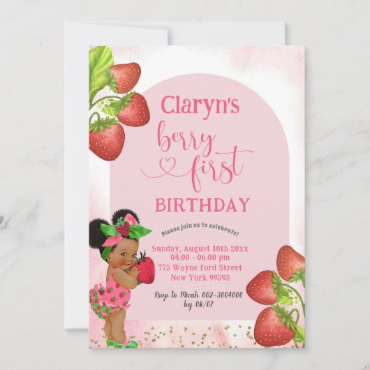 ストロベリーアフリカンガールベリースウィートファースト誕生日 招待状 (正面)