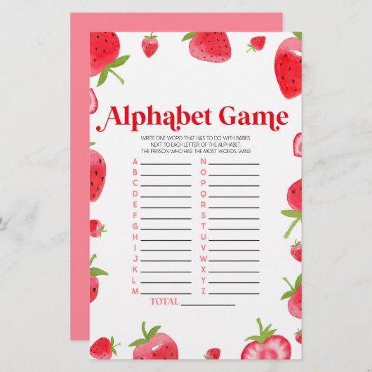 ストロベリーアルファベビーシャワーゲーム 便箋 (正面/裏面)